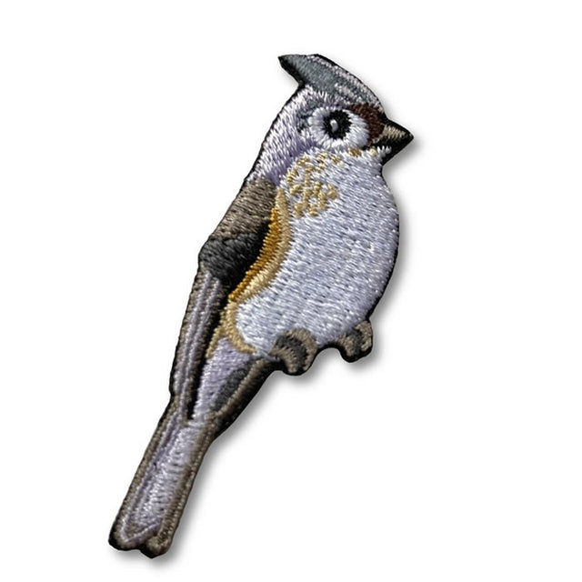 Bird Collective Tufted Titmouse Patch: Detailed embroidery of a Tufted Titmouse, perfect for jackets, backpacks, or hats. Iron-on backing; measures 1.25 x 2.05 inches.