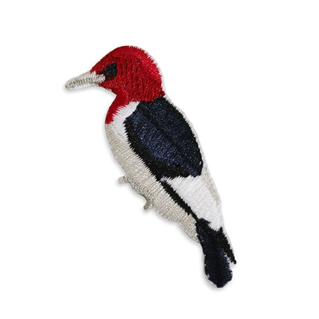 Bird Collective Red-Headed Woodpecker Patch showcasing intricate embroidery of a red-headed woodpecker, featuring an iron-on backing for easy attachment.