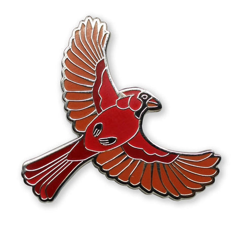 Bird Collective Northern Cardinal or Eastern Bluebird Pin: a shiny silver hard enamel pin depicting a red and orange bird with black rubber clutch backing.