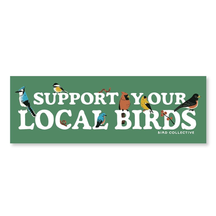 Bird Collective Backyard Birds Bumper Sticker featuring white text and bird illustrations on a green background, ideal for cars, laptops, or smooth surfaces.