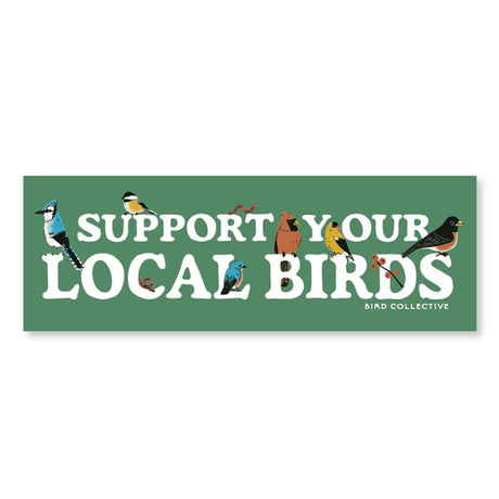 Bird Collective Backyard Birds Bumper Sticker featuring white text and bird illustrations on a green background, ideal for cars, laptops, or smooth surfaces.