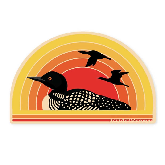 Bird Collective Retro Loon Sticker featuring a black silhouette of a loon flying, inspired by retro aesthetics. High-quality vinyl, UV and weather resistant.