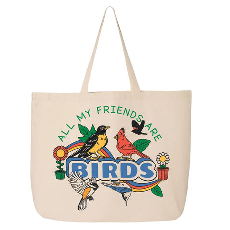 Bird Collective Bird Friends Tote Bag featuring bird-themed illustrations, durable canvas construction, spacious interior, and sturdy straps for birdwatching and outdoor adventures.