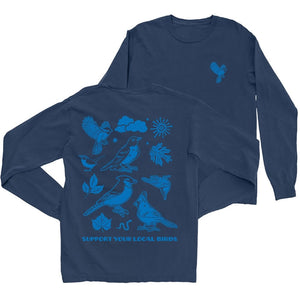 Bird Collective Bird Friends Long Sleeve T-Shirt featuring various bird illustrations, crafted from soft 100% heavyweight garment-dyed cotton, ideal for bird lovers.