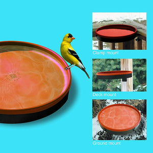 3 in 1 Heated Birdbath, Terra Cotta, featuring a yellow bird on the feeder, thermostatically controlled heater, and three mounting options for attracting birds year-round.