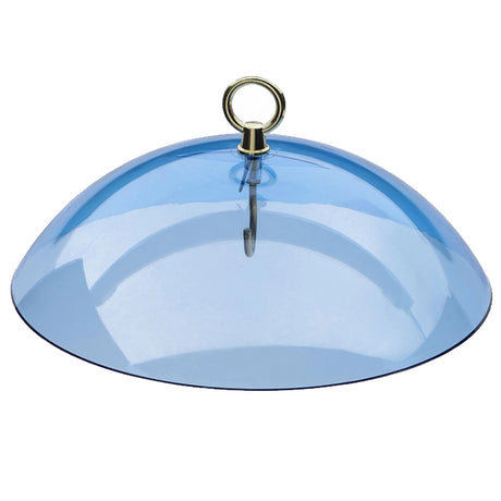 Blue Weather Dome with brass hanger, hook, and metal ring, designed to shield bird feeders from rain and snow, measuring 10-1/2 inches in diameter.