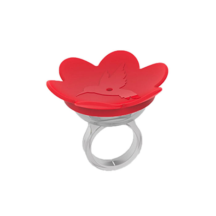 Hummer Ring® Feeder: Wearable hummingbird feeder ring with a bird design, featuring a red flower top and clear plastic ring. Ideal for attracting and feeding hummingbirds.