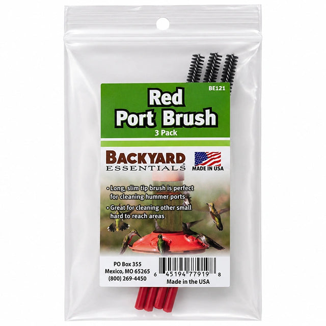 Red Port Brush 3 Pack in clear hanging pouch packaging with three slim red cleaning brushes for hummingbird feeder ports and small hard-to-reach areas.