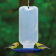 80 oz. Water Station with clear reservoir and blue dish, hanging from a bird feeder, attracting various birds.