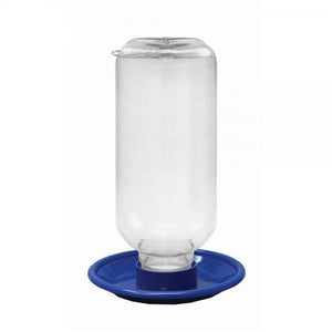 80 oz. Water Station with clear inverted reservoir and blue base, designed for bird hydration, includes a wide tray for perching and an 'S' hook for hanging.