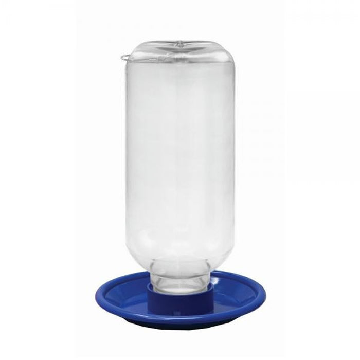 80 oz. Water Station with clear inverted reservoir and blue base, designed for bird hydration, includes a wide tray for perching and an 'S' hook for hanging.