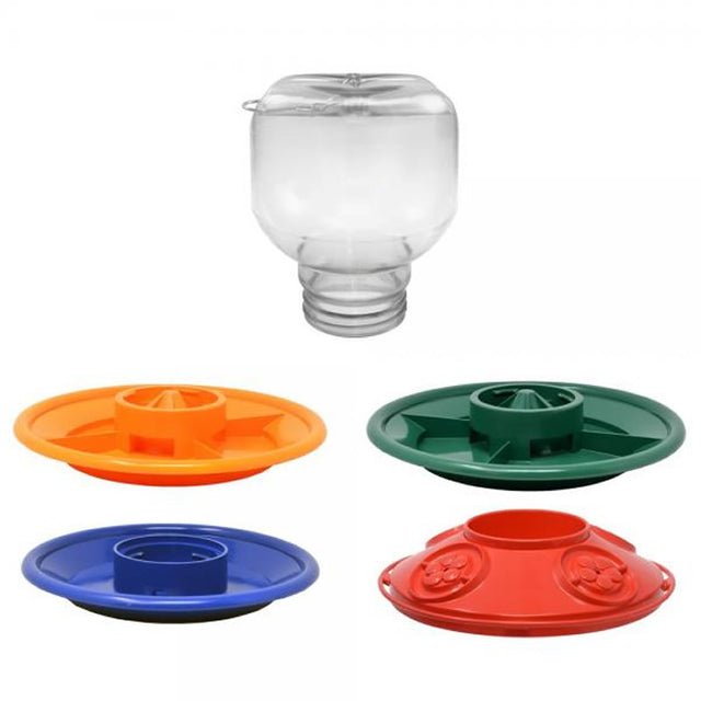 Switch N Swap Five Piece Combo Pack featuring a clear 32 oz. jar and interchangeable base trays for versatile bird feeding. Includes green, orange, blue, and red bases.