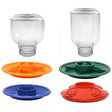 Switch N Swap Six Piece Combo Pack featuring clear hopper jars with interchangeable green, orange, blue, and red tray bases for versatile bird feeding.