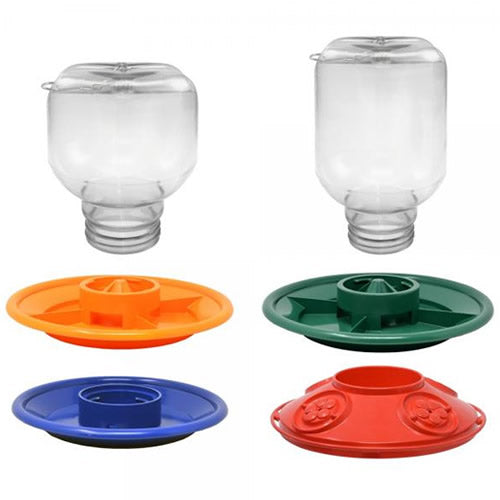 Switch N Swap Six Piece Combo Pack featuring clear hopper jars with interchangeable green, orange, blue, and red tray bases for versatile bird feeding.