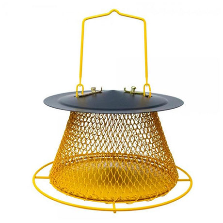 Black & Yellow Collapsible Mesh Feeder with a solid roof, diamond-shaped mesh, and metal hanger for clinging and perching birds.