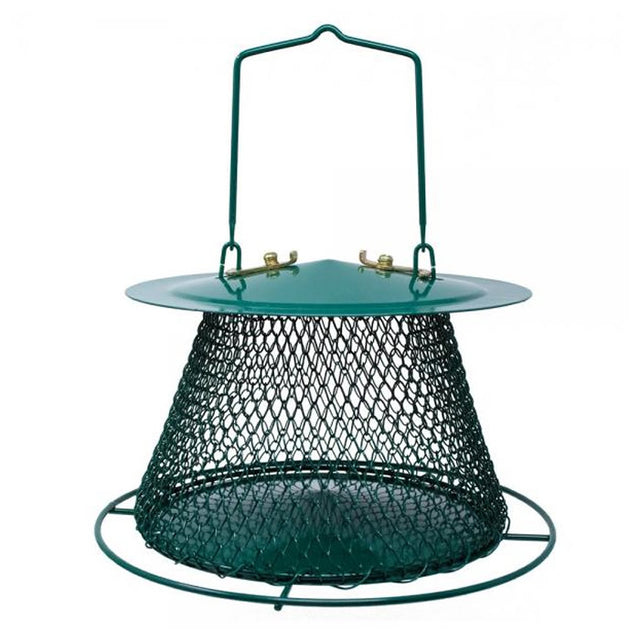 Green Collapsible Mesh Feeder with solid roof, diamond-shaped aerated mesh, and metal hanger. Durable design for clinging and perching birds, easy to clean and refill.