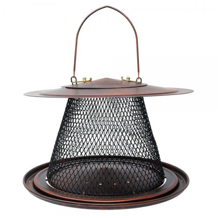 Copper Collapsible Mesh Feeder with Tray: A bird feeder featuring a diamond-shaped mesh, metal hanger, seed catch tray, and drainage. Ideal for clinging and perching birds.