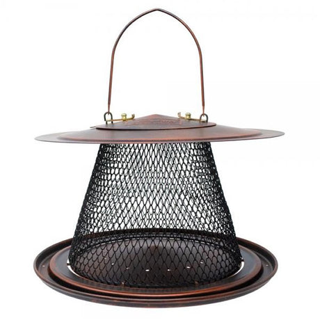 Copper Collapsible Mesh Feeder with Tray: A bird feeder featuring a diamond-shaped mesh, metal hanger, seed catch tray, and drainage. Ideal for clinging and perching birds.