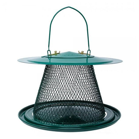 Green Collapsible Mesh Feeder with Tray, featuring a diamond-shaped mesh, metal hanger, and built-in seed catch tray, designed for clinging and perching birds.