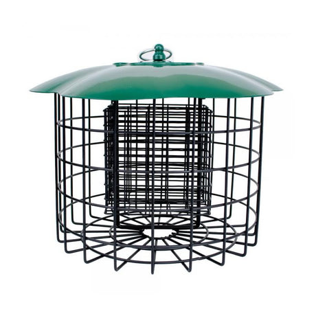 Squirrel Defeater Double Suet Cage Feeder with a green top and wire openings, designed to keep squirrels out while feeding small birds.