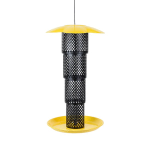 Sunflower Kernel Collapsible Diamond Mesh Feeder featuring a yellow top and black metal mesh, designed for clinging and perching birds. Holds 1 lb. of sunflower seed.