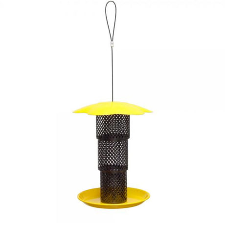 Sunflower Kernel Collapsible Diamond Mesh Feeder featuring a yellow top and black metal mesh, designed for clinging and perching birds. Holds 1 lb. of sunflower seed.