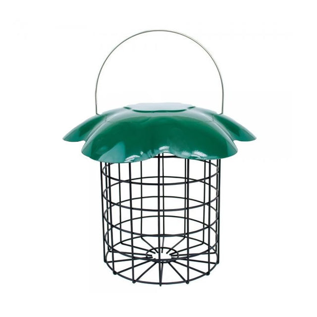 Large Green Seed Log Feeder with wire mesh, green roof, and perch base for small and large birds to feed. Easy to clean and weather-protective.