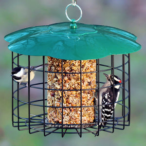 Squirrel Defeater Seed Log Feeder with a metal cage, allowing small birds like woodpeckers to feed while blocking squirrels.