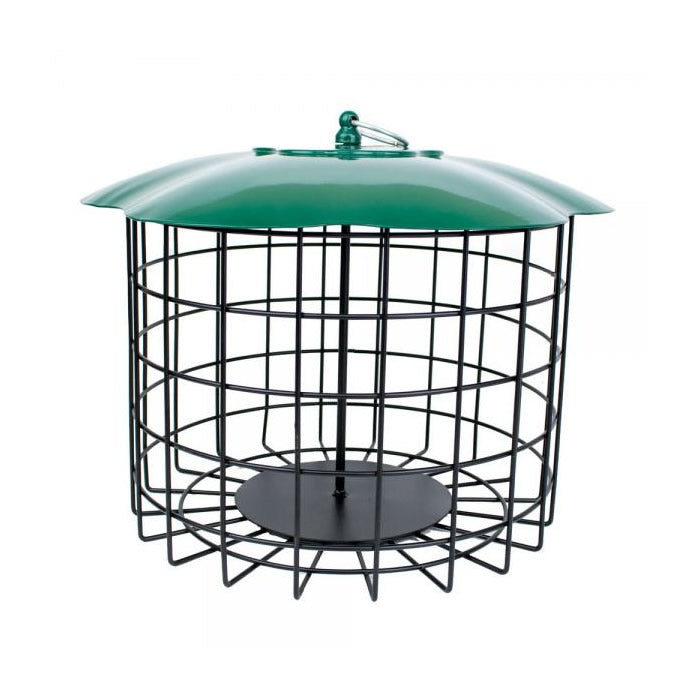 Squirrel Defeater Seed Log Feeder: Metal cage with 1-1/2 inch openings, green top, designed to block squirrels and attract small birds. Easy to clean and refill.