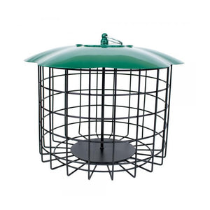 Squirrel Defeater Seed Log Feeder: Metal cage with 1-1/2 inch openings, green top, designed to block squirrels and attract small birds. Easy to clean and refill.