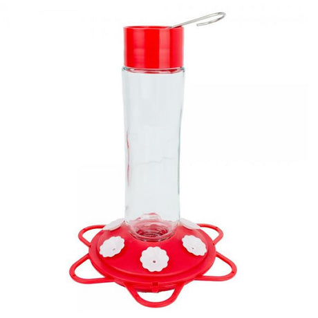 Glass Bottle 10 oz. Hummingbird Feeder with red lid, clear glass reservoir, and built-in ant moat for easy nectar monitoring and cleaning.