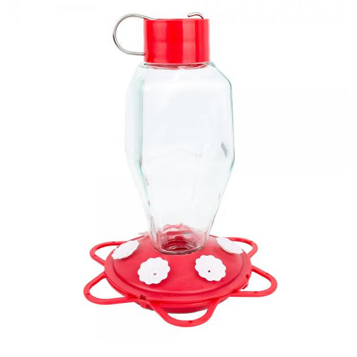 Glass Bottle 20 oz. Hummingbird Feeder with red lid, ant moat, six feeding stations, clear reservoir, and wraparound perch for easy feeding and monitoring.