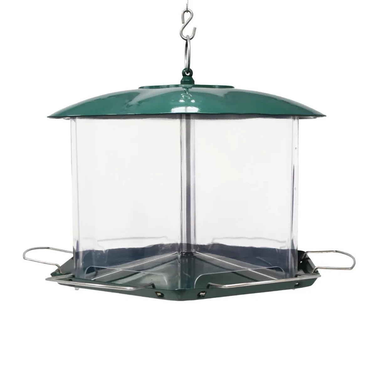 Triple Option Bird Feeder with clear multi-port design, green metal top, tray-style base, three seed sections, and six perches for attracting diverse birds.