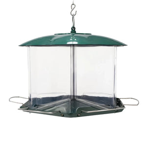 Triple Option Bird Feeder with clear multi-port design, green metal top, tray-style base, three seed sections, and six perches for attracting diverse birds.