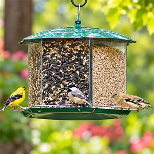 Triple Option Bird Feeder with three seed compartments, hosting sunflower and mixed seeds, attracting goldfinches and chickadees, showcasing six perches for simultaneous feeding.