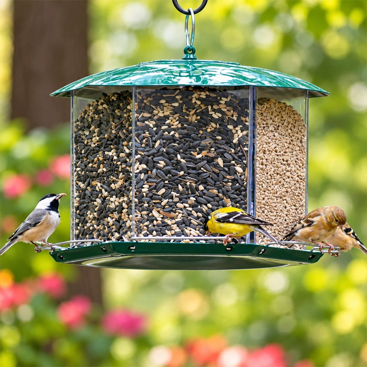 Triple Option Bird Feeder with three seed compartments, hosting sunflower and mixed seeds, attracting goldfinches and chickadees, showcasing six perches for simultaneous feeding.