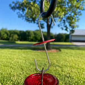 Metal ant barrier hook with red protection disk installed above a hummingbird feeder, shown hanging outdoors in a sunny backyard.