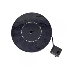 Floating Solar Bird Bath Bubbler with a round, low-profile design, featuring a black circular structure and attached cable for easy installation in bird baths.