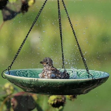 Hummingbird Ceramic Hanging Bird Bath with an embossed basin, featuring flowers and a hummingbird design, perfect for smaller birds to drink and bathe.