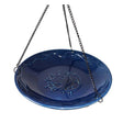 Bluebird Ceramic Hanging Bird Bath with embossed vines and a bluebird, featuring a textured, 1-1/4 inch deep basin, and includes a hanging chain.