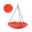 Cardinal Ceramic Hanging Bird Bath with embossed basin and flowery branch design, featuring a red glazed finish, 12-inch diameter, and hanging chain for easy installation.