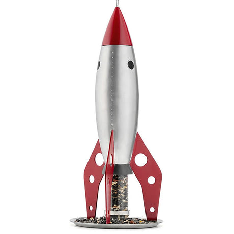 Rocketship Bird Feeder: A metal bird feeder shaped like a rocket ship, featuring an extendable hanging loop and easy top access for filling bird seed.