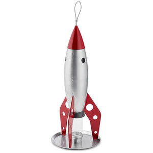 Rocketship Bird Feeder - Silver and red rocket-shaped bird feeder with durable stainless steel body, artisan hammering, and extendable hanging loop for easy installation.