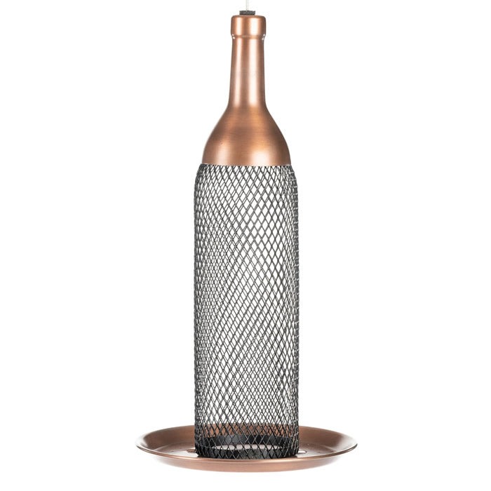 Mesh Wine Bottle Bird Feeder with copper finish, wire mesh tube, and raised tray lip to keep seeds intact. Holds 1.5 lbs of seed.