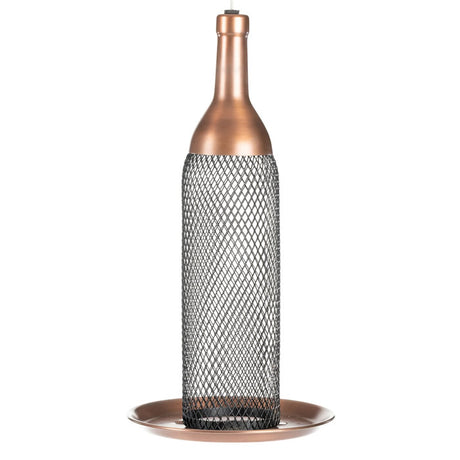 Mesh Wine Bottle Bird Feeder with copper finish, wire mesh tube, and raised tray lip to keep seeds intact. Holds 1.5 lbs of seed.