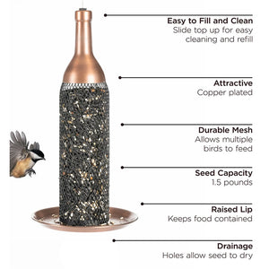 Mesh Wine Bottle Bird Feeder with copper finish and black mesh tube, filled with seeds, shown with feeding instructions and close-up of a bird.