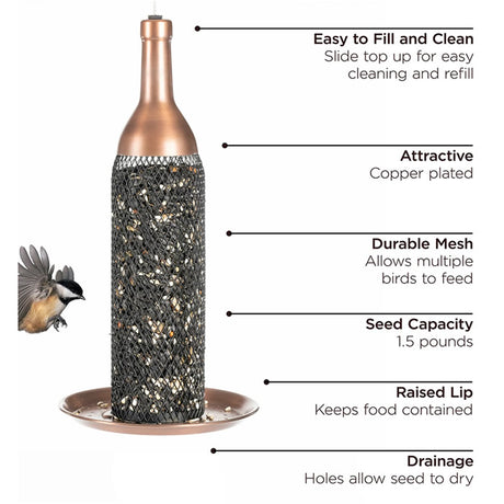 Mesh Wine Bottle Bird Feeder with copper finish and black mesh tube, filled with seeds, shown with feeding instructions and close-up of a bird.