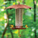 Rainy Day Umbrella Bird Feeder with copper roof, heavy-duty plexiglass tube, and two goldfinches on tray, set against blurred outdoor foliage.