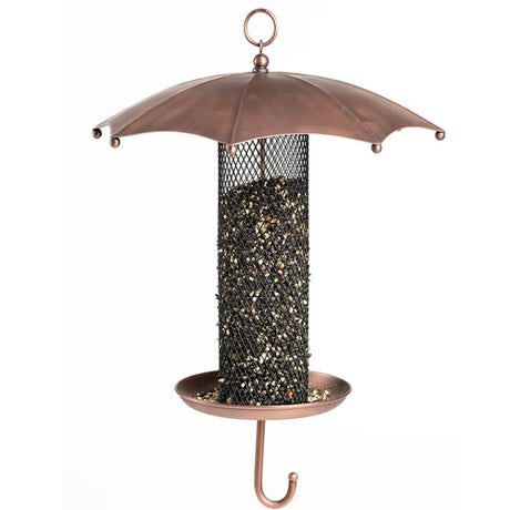 Umbrella Bird Feeder with a durable mesh tube and copper-plated umbrella, designed to protect seed from weather while multiple birds feed comfortably.