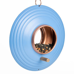 Round Fly-Thru Bird Feeder with a unique copper finish ring, large perches, and drainage holes. Easy to hang and fill, holds 1.5 pounds of seed.